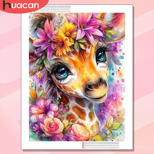 HUACAN Diamant-Mosaik Set Giraffe mit Blumen-Motiv, 5D Perlen-Kunsthandwerk für runde Heimdekoration, Multicolour, B/H: 30 x 20 cm - Bild 1