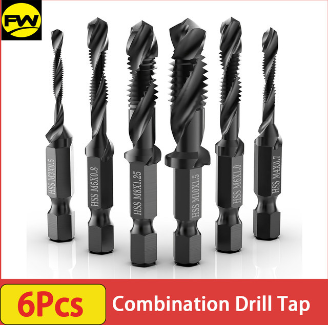 6-teiliges metrisches Bohrer- und Gewindebohrer-Set M3-M10 mit 1/4 Zoll Sechskantschaft für Metall und Heimwerker-Anwendungen - Bild 1