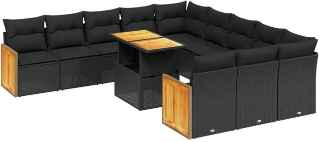 vidaXL 11-teilige Garten-Sofagarnitur in U-Form aus Polyrattan und Akazienholz mit Kissen in Schwarz - Bild 1