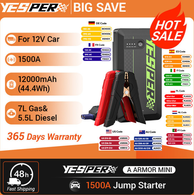 YESPER Tragbarer Auto-Starthilfe-Booster 1500A Spitzenstrom, 12V Batterie-Booster Powerbank mit USB-C, Schwarz, Starthilfegerät für Motorrad, SUV, LKW (7L Benzin / 5.5L Diesel) - Bild 1
