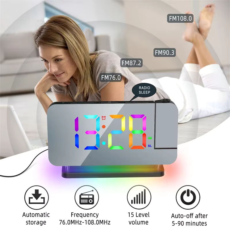 NieNie Projektionswecker mit UKW-Radio, RGB-Nachtlicht und digitaler LED-Uhr, Farbe: Weiß/Multicolor - Bild 4