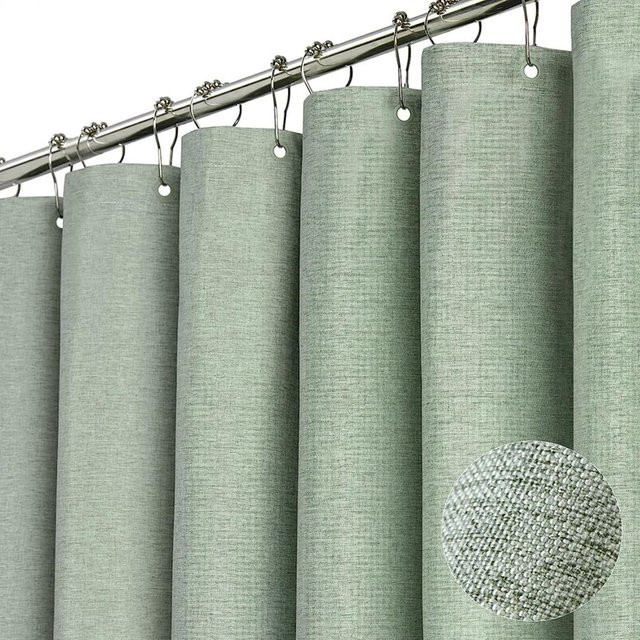 Wasserfester Duschvorhang aus Leinen von WHQ Home Decoration in Grün mit silbernen Metallhaken, B x H: 260 x 200 cm - Bild 1