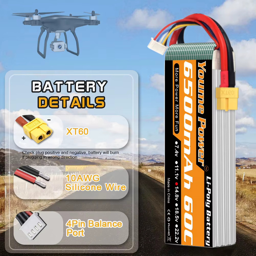 Youme 4S LiPo Akku 14,8V mit 6500mAh und XT60 Anschluss für RC FPV Flugzeuge, Drohnen, Racing-Boote und Autos - Bild 2