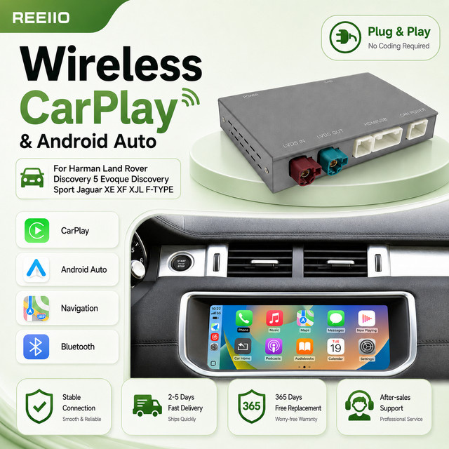 Kabelloses CarPlay und Android Auto Interface für Jaguar XF XJL XE E-PACE F-TYPE sowie Land Rover Discovery 5 Evoque 2016-2018 mit 8 Zoll Display und AirPlay Mirror Link von REEIIO - Bild 1