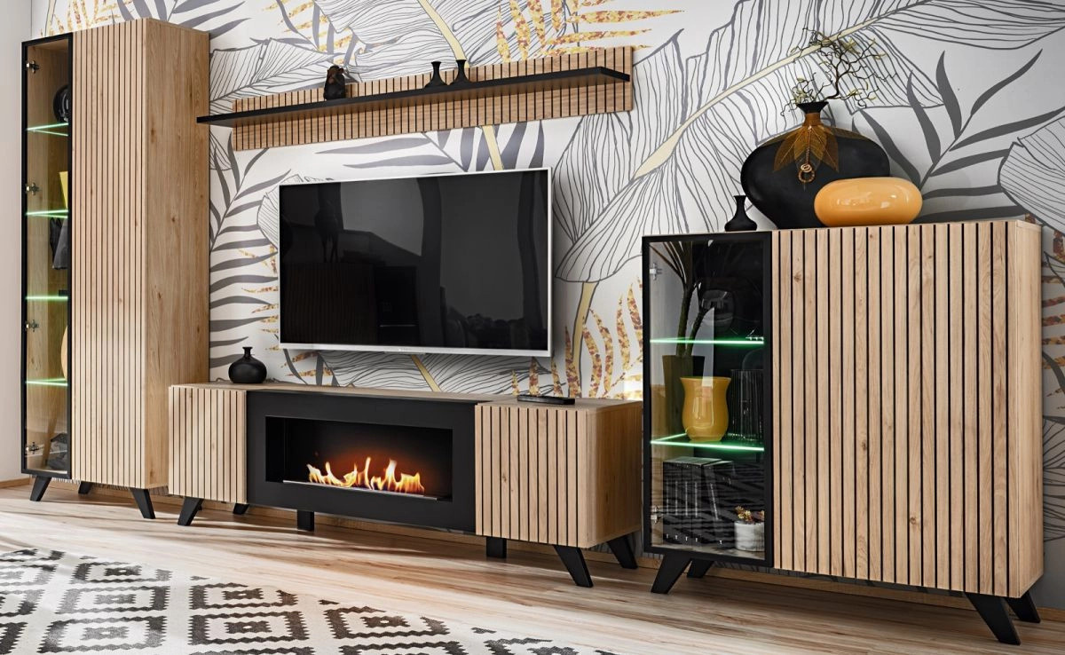 TV-Lowboard Lines von Furn.Design in Eiche und Schwarz mit integriertem Kamin und Beleuchtung, B: 160 cm, T: 45 cm, H: 52 cm - Bild 5
