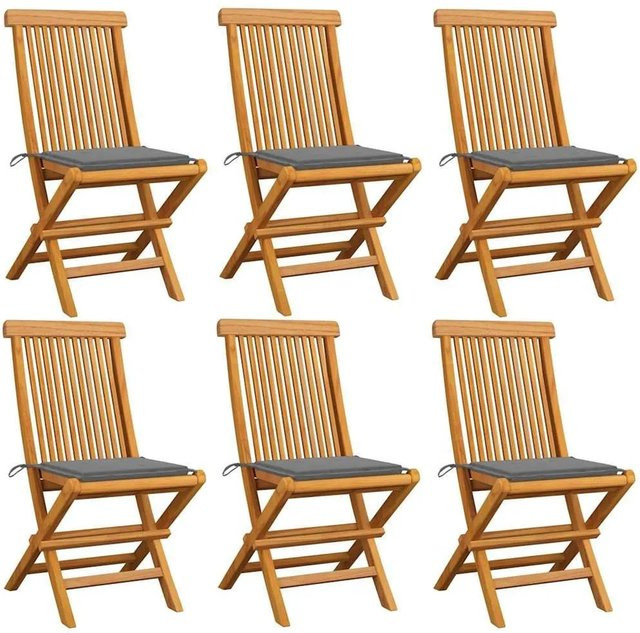 vidaXL Gartenstuhl-Set aus Teak-Massivholz mit grauen Kissen, 6 Stück, braun - Bild 1