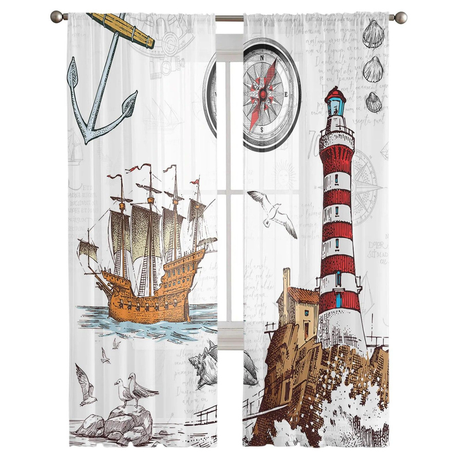 Transparente Voile Tüll Gardine mit Retro Leuchtturm und Segeln im Nautical Design, Breite: 135 cm, Höhe: 114 cm - Bild 3