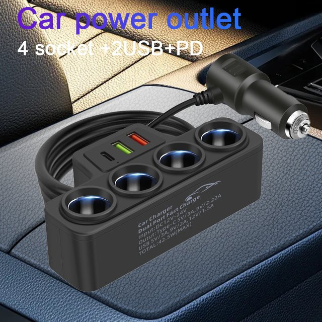 Baideluo Multifunktionales Autoladegerät in Schwarz mit 2 USB-A und 1 USB-C Anschluss sowie 4 Zigarettenanzünder-Buchsen zum schnellen Laden von Mobiltelefonen und Tablets - Bild 1