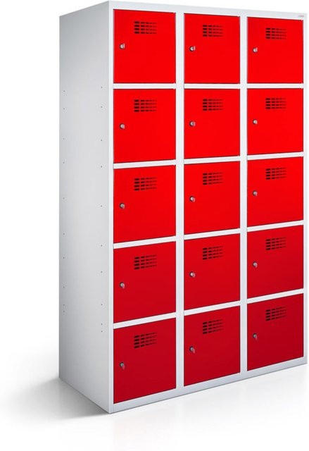 rotstahl Fächerschrank mit 15 Fächern in Rot und Lichtgrau, B/T/H: 120 x 50 x 180 cm - Bild 1
