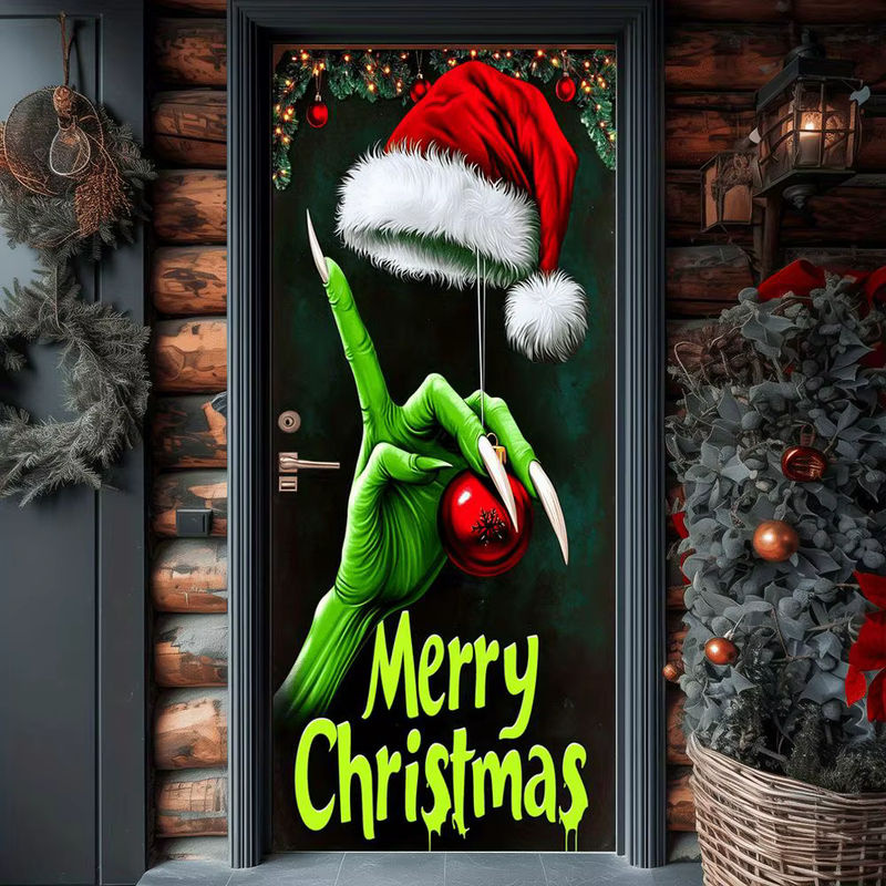 Weihnachts-Türdeko Frohe Weihnachten mit Elf-Motiv in Grün und Mehrfarbig, Vinyl-Hintergrund für Party und Veranda, B/H: 180 x 90 cm - Bild 6