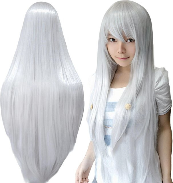 Synthetische Lange Perücke, Silberweiß, mit Pony, 32 Inches, Unisex - Bild 1