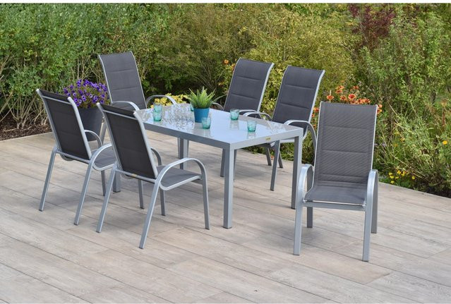 Merxx Amalfi di Lusso Gartenmöbel Set 7-teilig in Anthrazit mit Glastisch und 6 Stapelsesseln, Tisch B: 150 cm, T: 90 cm - Bild 1
