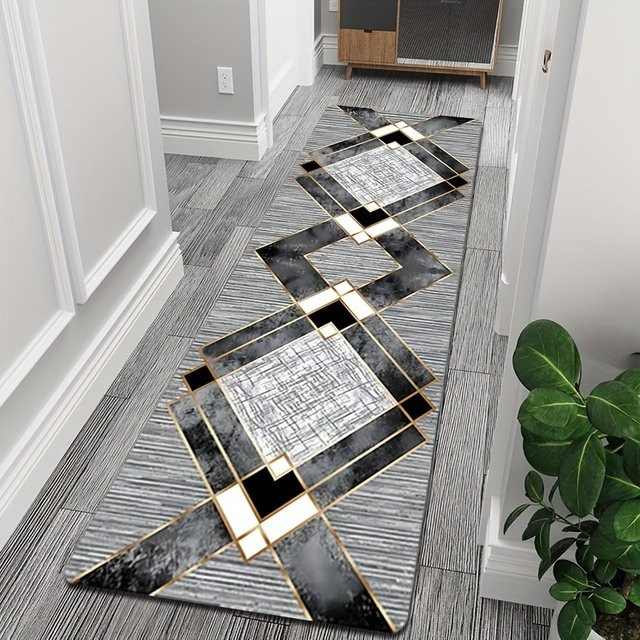VIKAMA Luxus-Läufer mit geometrischem Design und Goldlinien, rutschfester Langflor-Teppich in Grau für Flur und Eingangsbereich, Breite: 120 cm - Bild 1