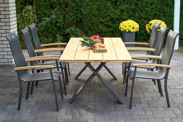 Hartman Xanadu Alice Garten-Essgruppe aus Aluminium und Teakholz in Xerix/Schwarz mit 6 Stapelsesseln und 4 Textilen, Tisch B: 220 cm, T: 100 cm - Bild 1