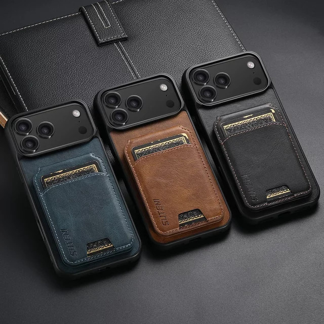 EUCAGR Luxus Handyhülle aus Kunstleder mit Öl-Wachs-Muster und Kartenhalter als Taschenständer für iPhone 17 Pro Max 17 Air 16 Plus 15 14 13 12 Pro in Blau und Braun - Bild 1