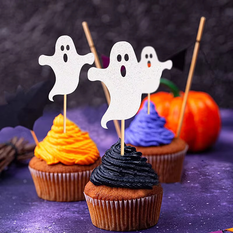 12 Stück VRISE Halloween White Ghost Cupcake Topper aus Papier für Party und Babyparty Dekoration in Weiß - Bild 3