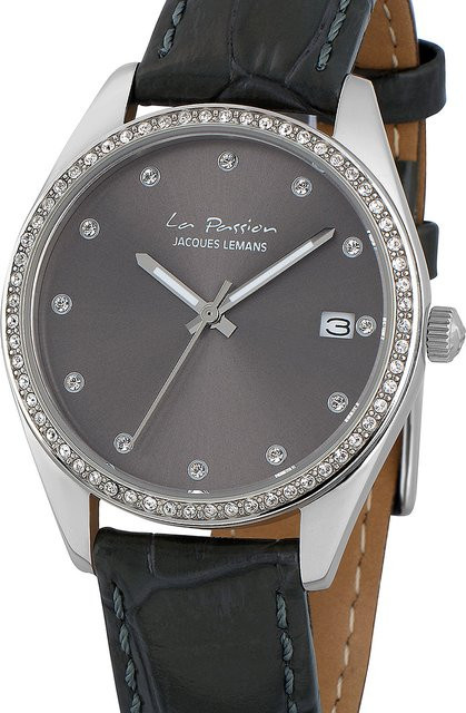Jacques Lemans Damenuhr, Quarz, Edelstahl, 35 mm, Leder, Grau, 10 ATM - Bild 1