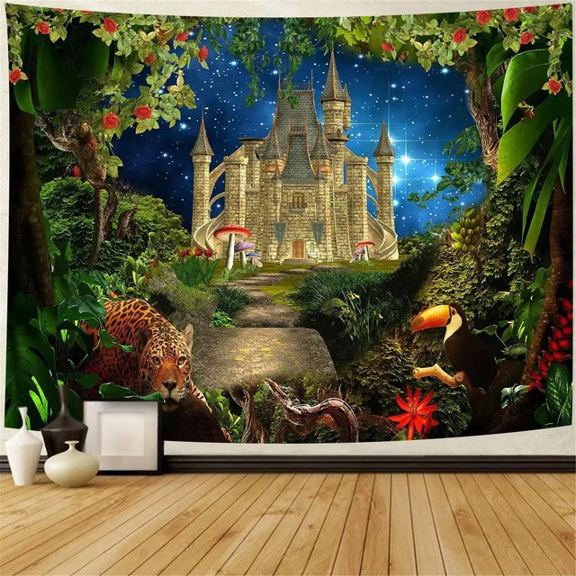 Märchen Fantasy Welt Burg Wandteppich mit Cartoon Wald Illustration, Mehrfarbig, Breite: 60 cm, Höhe: 40 cm - Bild 1