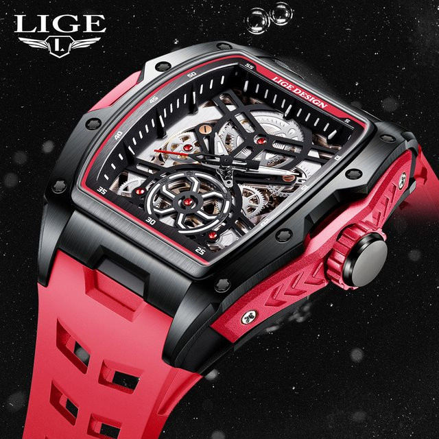 LIGE Armbanduhr Automatik, Skeleton Zifferblatt, Schwarz, Silikon, Herren - Bild 1