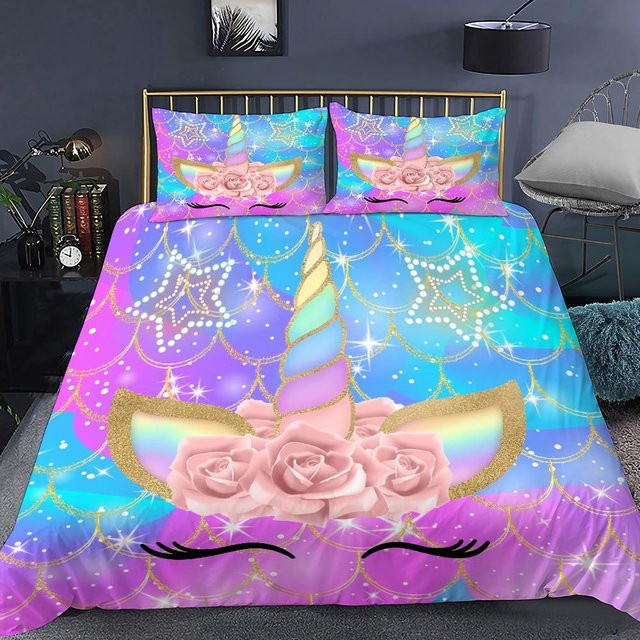Einhorn Bettwäscheset mit Sternen und Regenbogen in Lila und Rosa, bestehend aus Bettdeckenbezug und Kissenbezug für Teenager, B/T/H: 135 x 200 cm - Bild 1