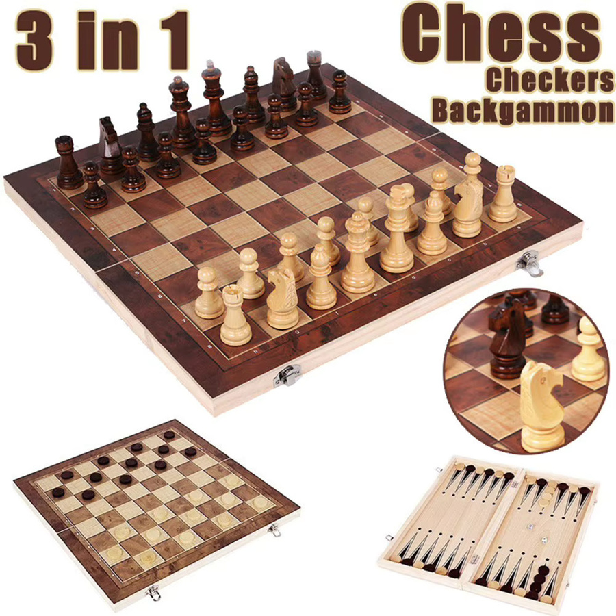 JOCESTYLE 3-in-1-Schachspielbrett, Holz, Schach- und Dame-Spiel-Set - Bild 2
