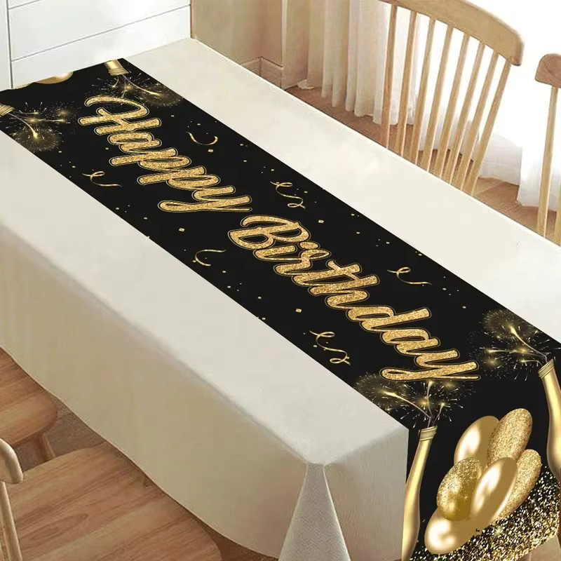 VIKAMA Happy Birthday Tischläufer in Schwarz und Gold, schmutzabweisend und waschbar, Party-Dekoration für dein Esszimmer - Bild 1