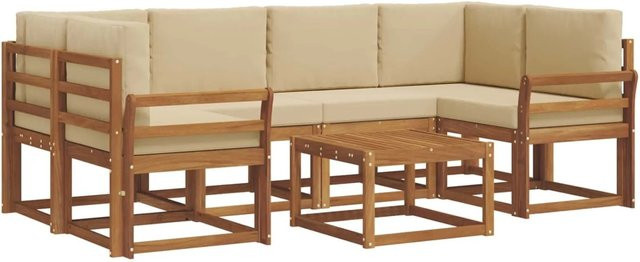 vidaXL Outdoor-Sofagarnitur aus Akazienholz in L-Form mit Kissen, 7-teilig, Natur und Beige - Bild 1