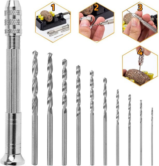 SUITU 11-teiliges Set Manuelle Mini Handbohrmaschine mit Spiralbohrern 0,8-3,0 mm in Silber für Holzbearbeitung, Schmuckherstellung und Uhrenreparatur - Bild 1