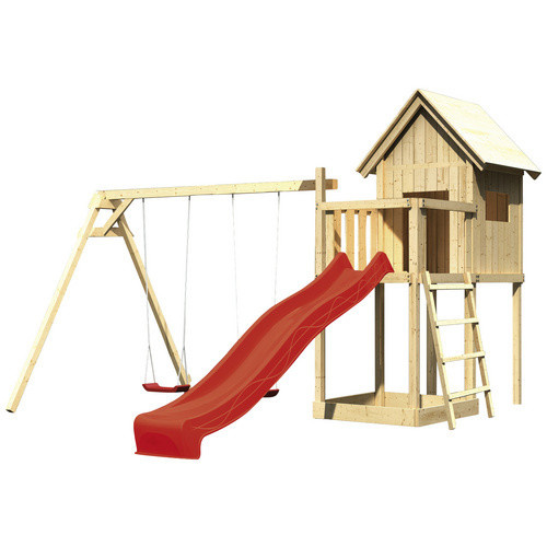 Karibu Kinderspielhaus Frieda Set mit Anbau und Rutsche in Natur und Rot - Bild 4