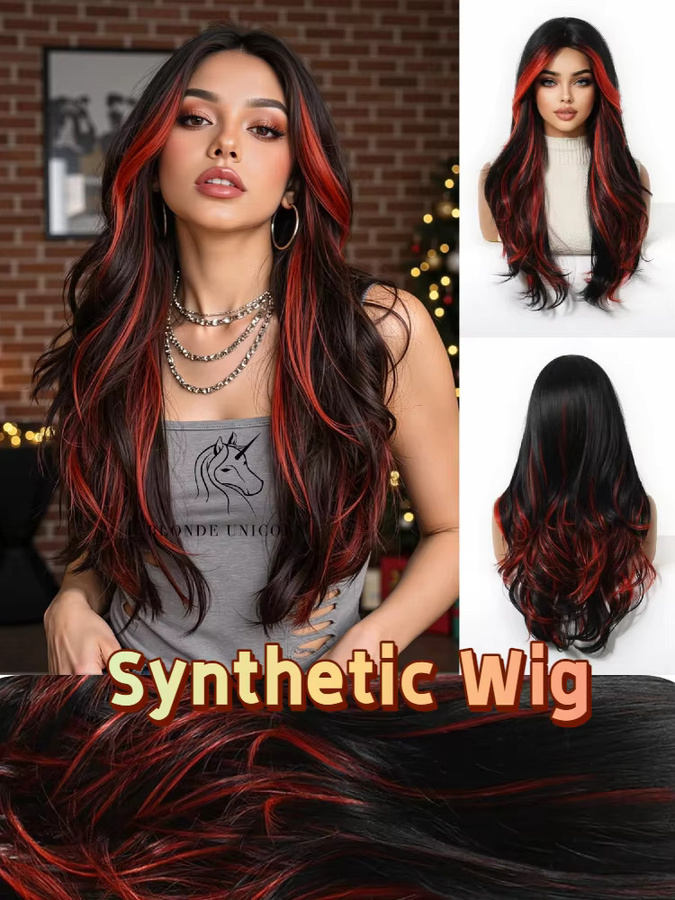 Blonde Unicorn Perücke, Damen, Rote bis schwarze Ombre-geschichtete lange gewellte synthetische Perücke mit Vorhang-Pony und roten Highlights, hitzebeständig - Bild 5