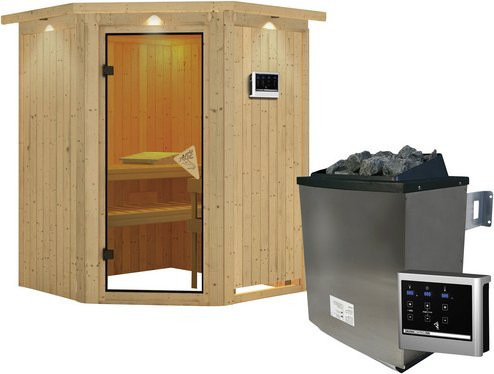 Karibu Sauna Tartu in Beige mit 9 kW Saunaofen und externer Steuerung für 3 Personen, B/T/H: 202 x 165 x 165 cm - Bild 1
