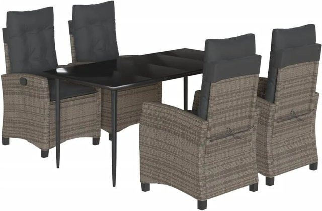 vidaXL 5-teilige Garten-Essgruppe aus Poly-Rattan mit Kissen in Grau und Tisch mit gehärtetem Glas - Bild 1