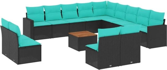 vidaXL 14-teilige Garten-Sofagarnitur aus Poly-Rattan und Akazienholz in Schwarz mit Kissen - Bild 1