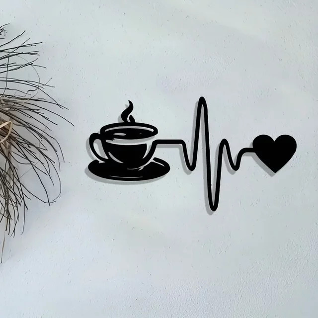 CIFBUY Vintage Wandkunst aus Metall mit Kaffeetasse und Herzschlag-Design in Schwarz - Bild 1