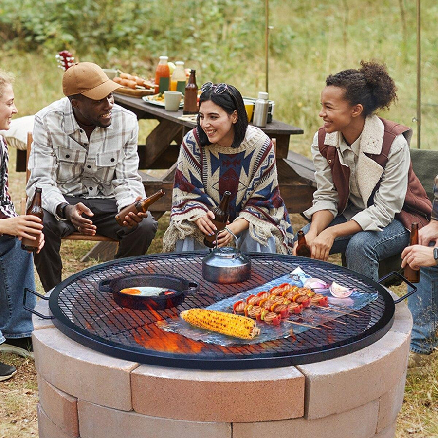 X-Marks Feuerstelle Grillrost aus Stahl in Schwarz, runder Kochrost für Camping und BBQ mit Griff und Stütz-X-Draht - Bild 6
