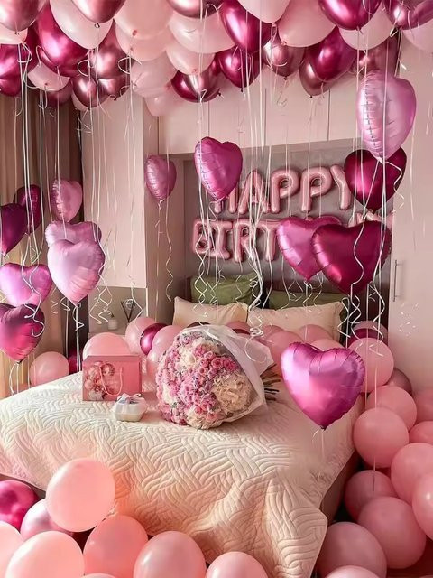 49-teiliges Set rosa Happy Birthday Aluminiumfolienballons mit Buchstaben und Herzen für deine Geburtstagsdekoration - Bild 1