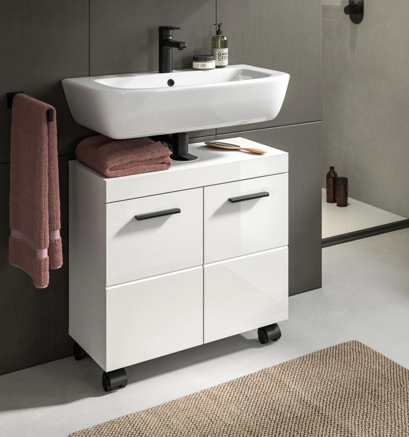 Waschbeckenunterschrank Talerno in Weiß Hochglanz mit Regalfächern, Breite: 60 cm, Höhe: 58 cm, Tiefe: 30 cm - Bild 3