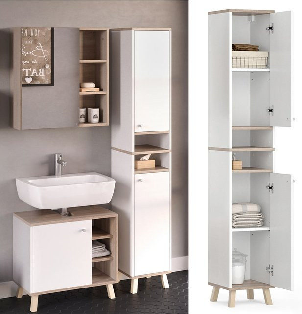 Vicco Badschrank Senyo Hochschrank in Weiß/Sonoma mit offenen Regalfächern, B: 30 cm, H: 164 cm - Bild 1