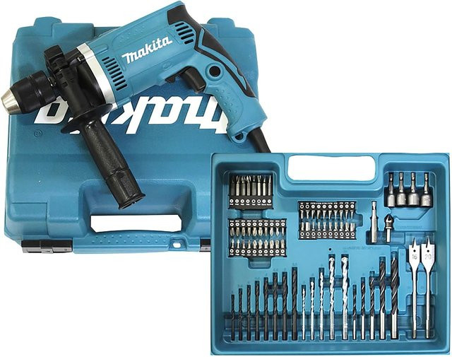 Makita Schlagbohrmaschine HP1631KX3 in Schwarz mit 74-tlg. Zubehörset und Koffer, 710 W - Bild 1