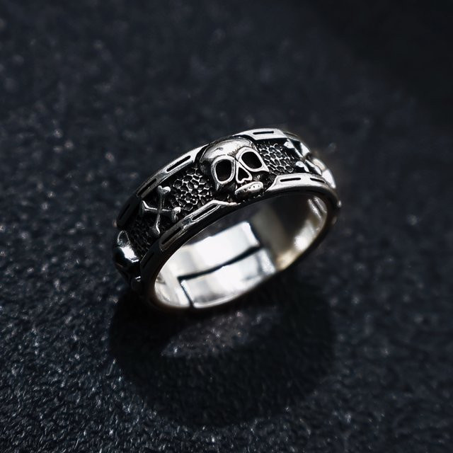LENNIK Ring, Totenkopf- und Skelett-Motiv, versilbertes Kupfer, Herren - Bild 1