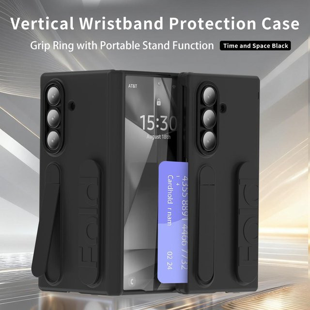 Stoßfeste Silikon-Schutzhülle mit Handgelenkband, Kartenhalter und Standfunktion für Samsung Galaxy Z Fold 7, 6, 5, 4 5G in Schwarz, Pink, Grau oder Blau - Bild 1
