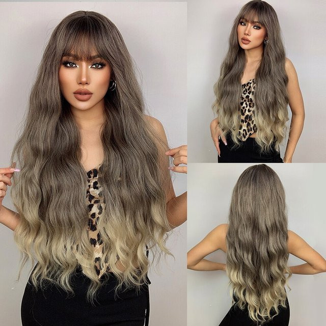 HAIRCUBE Perücke, lange gewellte Ombre Haare mit Pony, braun blond, Damen - Bild 1