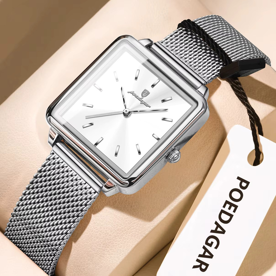POEDAGAR Armbanduhr, Edelstahl, Quarz, eckig, Silber, Damen - Bild 2