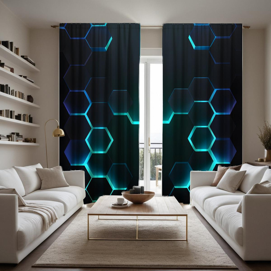 2er-Set dekorative Vorhänge mit geometrischem Hexagon-Muster und digitalem Print in Schwarz, B: 132 cm, H: 160 cm - Bild 2