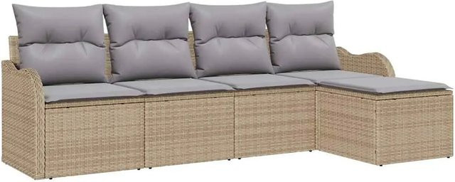 vidaXL Garten-Sofa-Set aus Polyrattan in Beige mit Kissen und Ottoman, 5-teilige L-Form Lounge-Garnitur für Garten, Balkon und Terrasse - Bild 1