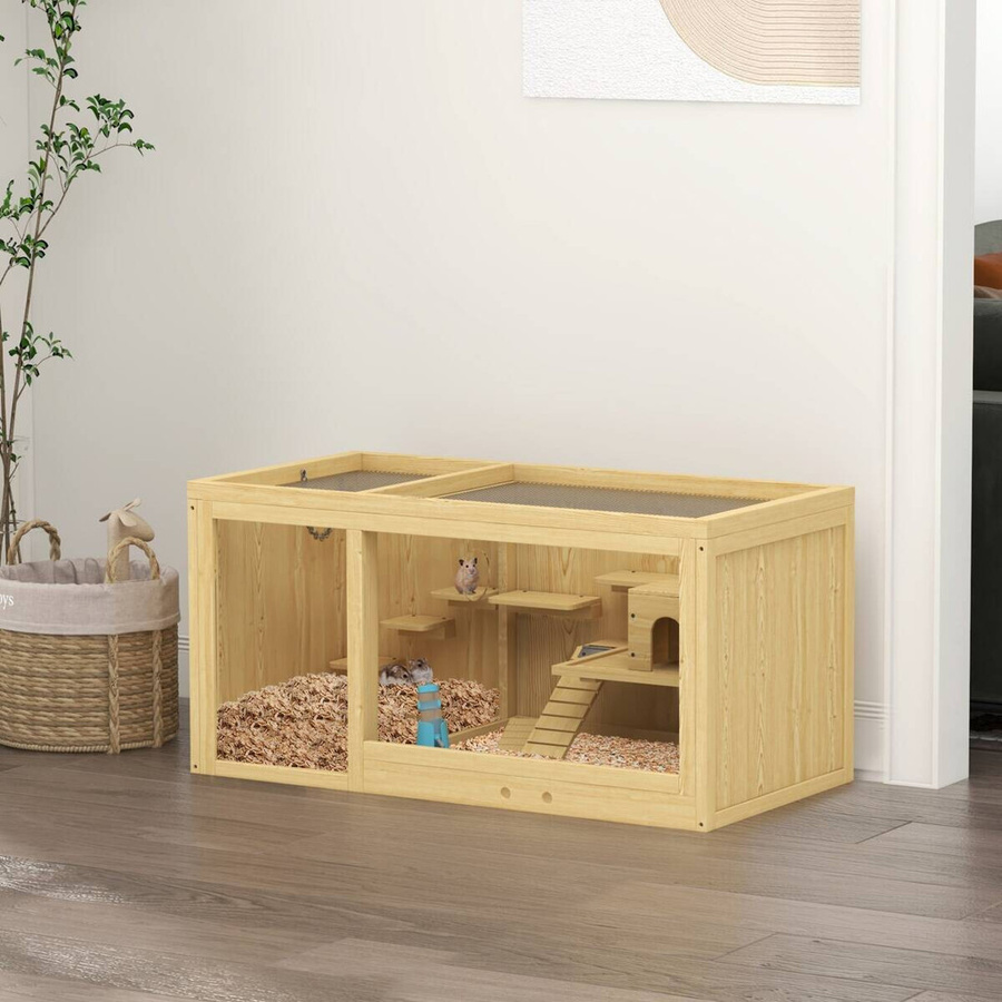 PawHut Hamsterkäfig aus Tannenholz in Natur und Beige B/H/L: 50 x 100 x 50 cm - Bild 2