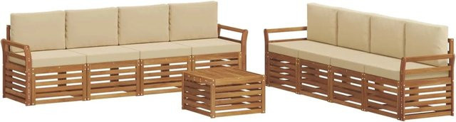 vidaXL Sofagarnitur aus Massivholz Akazie in Natur und Beige, 9-teiliges Set mit Tisch und Polstersesseln im modernen Latten-Design - Bild 1