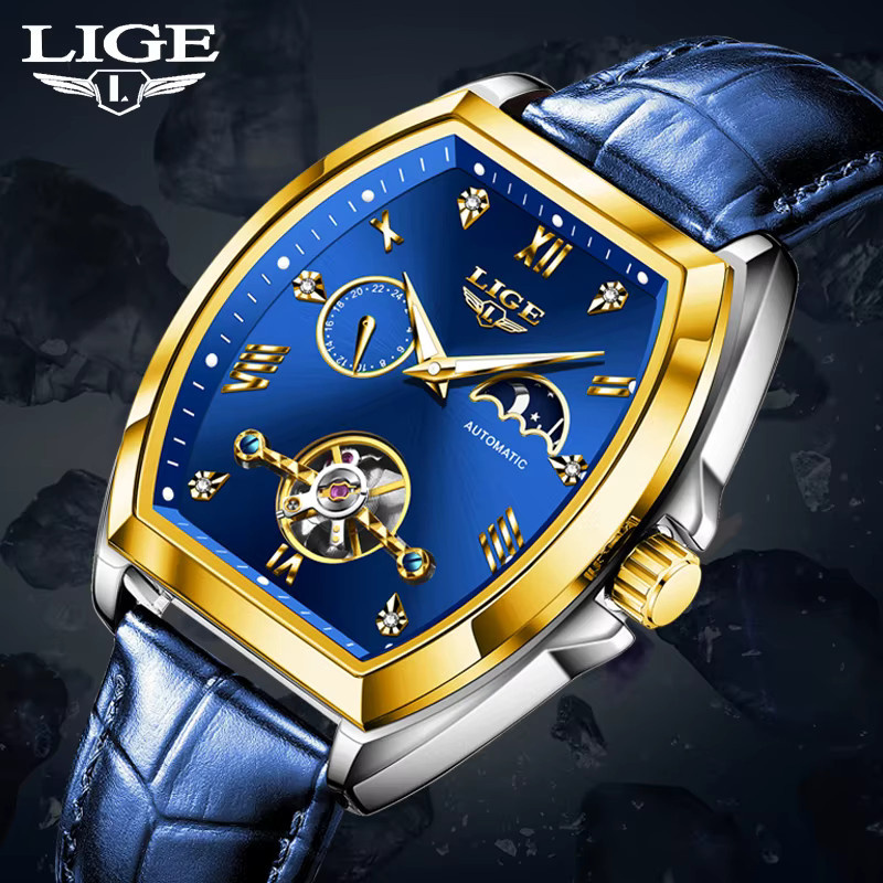 LIGE Armbanduhr Automatik, Tonneau, Gold, Leder, Herren - Bild 2