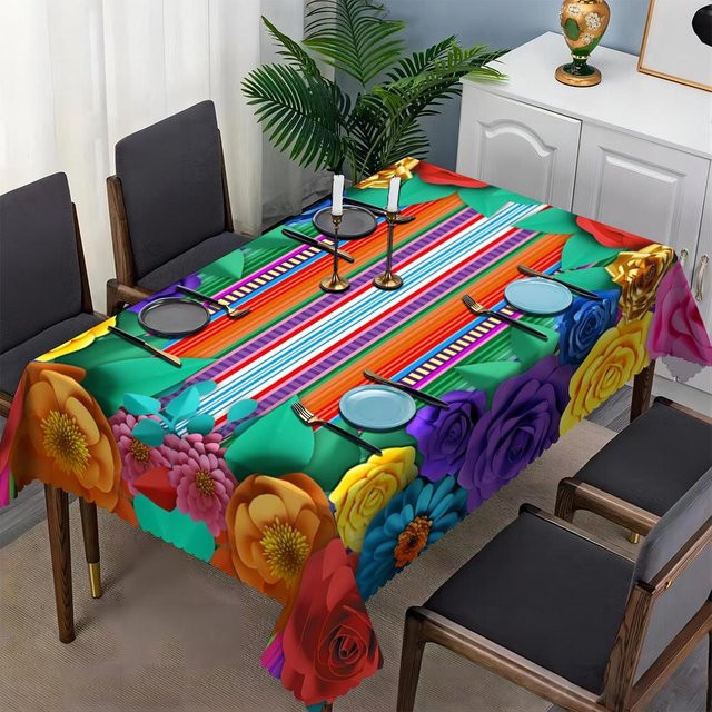 Bunte Tischdecke mit Blumendruck von Fancy Style Studio, rechteckige Polyester-Tischabdeckung, wasserabweisend, Mehrfarbig, B/T: 140 x 140 cm - Bild 1