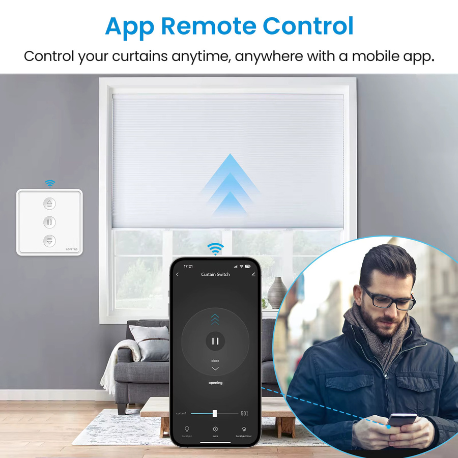 LoraTap Tuya Smart Life Elektrischer Vorhangmotor mit Druckschalter zur Prozentsatzsteuerung für Home Assistant und Alexa, Weiß - Bild 2